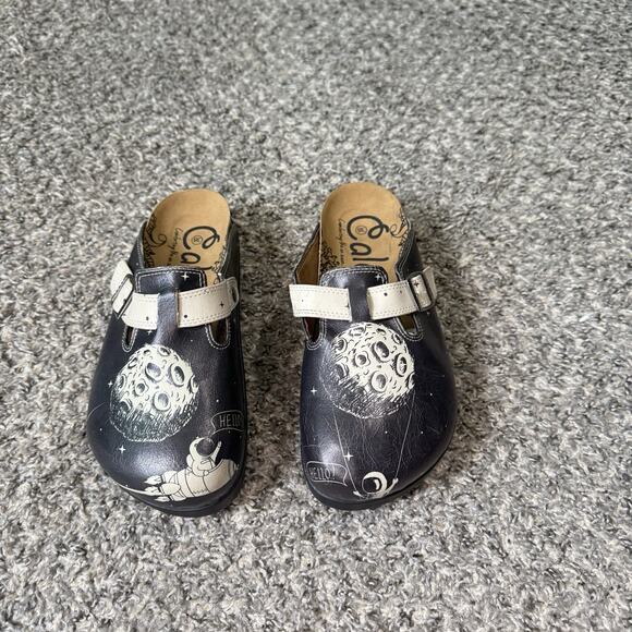Calceo Space Astronaut Moon Printed Slip-On Clog Shoe Size 38 US 7.5 Black New - Picture 1 of 9